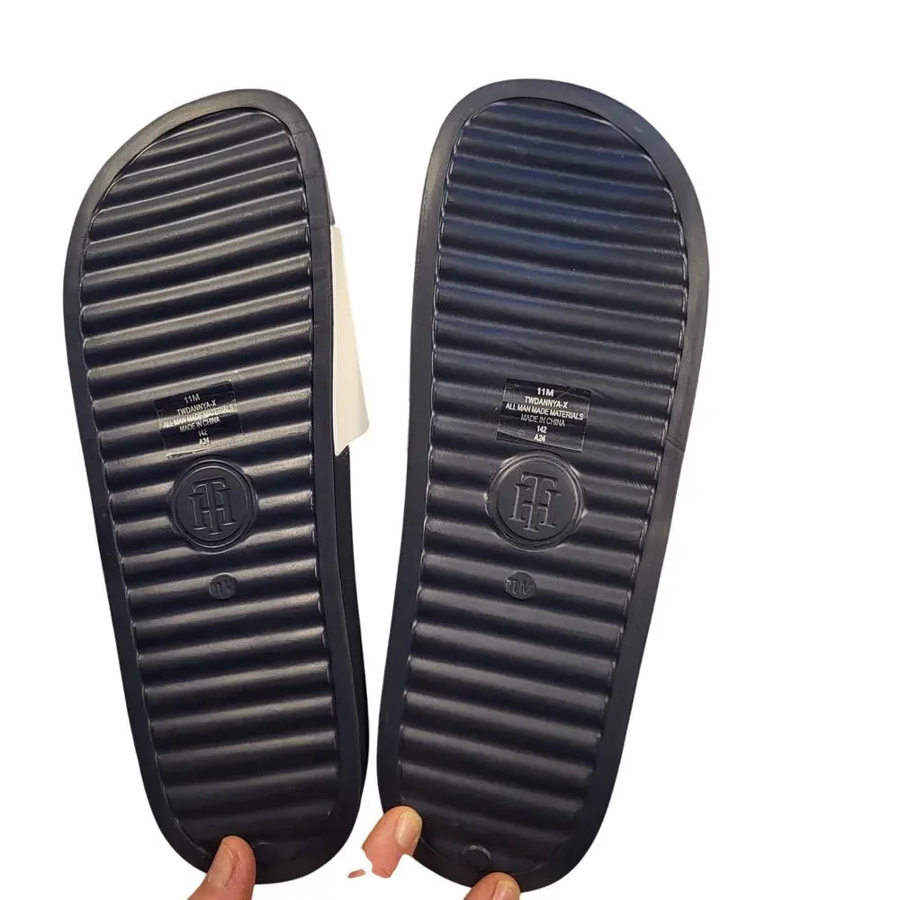 NEW TOMMY HILFIGER slide sandals in white and navy-blue Men's size 11